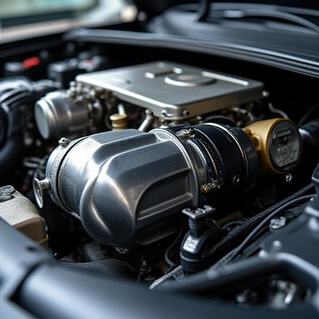 Detailní záběr na motor s turbodmychadlem během úprav