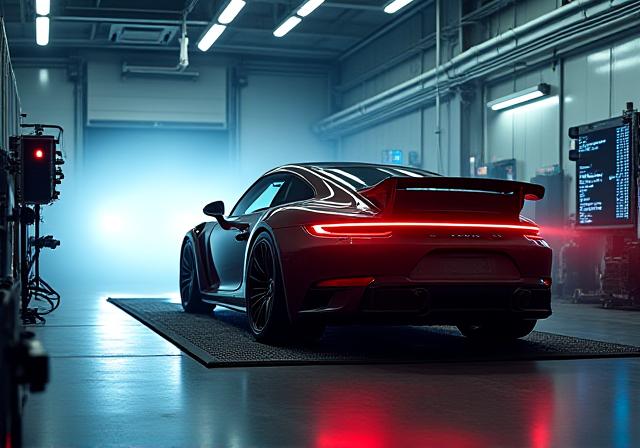 Vůz na válcové zkušebně během měření výkonu